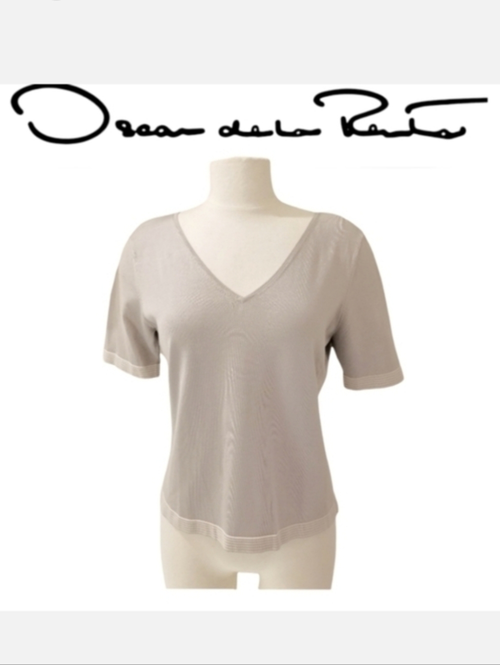 Oscar de la Renta Vintage V-neck Top Light Gray Short Sleeve Sz S Quiet Luxury
